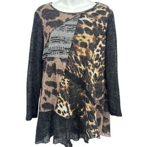 Ali Miles Petite Womens Leopard Print Mixed Media Lagenlook Light Sweater sz PL